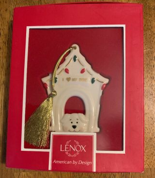 Lenox " I Love My Dog " Christmas Ornament 3”x2.  5” Ivory W/gold Doghouse Puppy Box