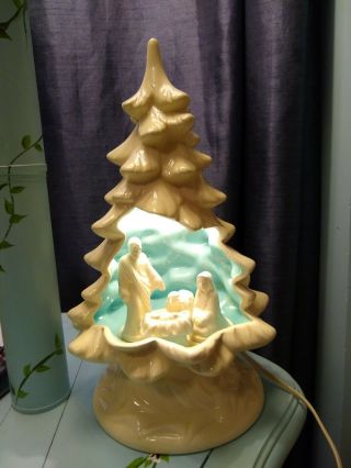 Vintage White Ceramic Christmas Tree,  1984,  With Manger Scene,  Lighted