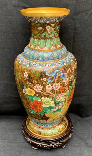 20 " Cloisonné Brass Asian Floral Vase Base Jingfa Blue Orange White Floor