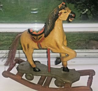 Antique Wooden Rocking Horse Toy Pony Wheels Vintage Hand - Carved Painted - Flaws
