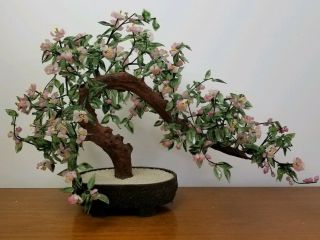 Vintage Large Japanese Jade Glass Flowering Cherry Blossom Bonsai Tree (26 " X18 ")