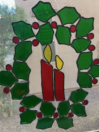 14” Stained Glass Christmas Wreath Hanging Red/green With Candles Sun Catcher
