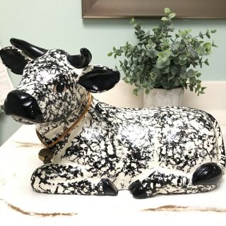 Ceramic Black Cow Figurine Laying Down Statue Country Farmhouse Kitchen Decor