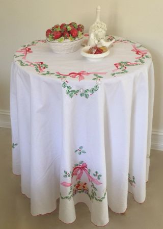 Vintage Look Christmas Holiday Embroidered Tablecloth/ Topper 70 " Round Cotton