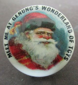 Christmas Santa Claus Pinback Button Meet Me Genungs Wonderland Toys Danbury Ct