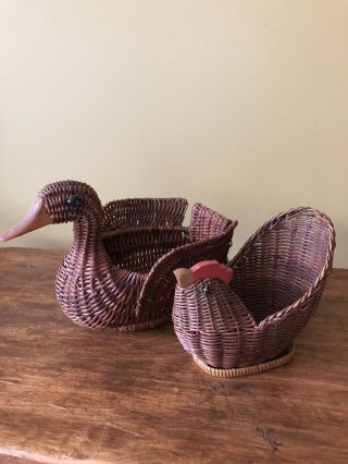 Set Of 2 Vintage Woven Rattan Wicker Duck Hen Trinket Baskets Storage Planters