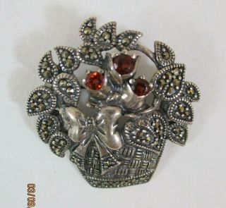 Sterling Silver Red Stone & Marcasite Flower Basket W/bow Pin/brooch1 1/2 " L