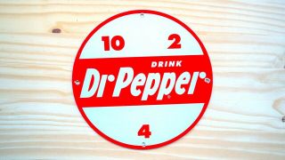 Vintage Dr Pepper Clock Porcelain Enamel 11 3/4  Sign Soda Pop Gas Pump Plate