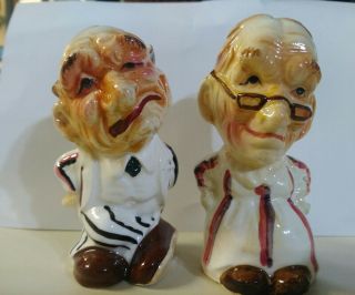 Rare Vintage Antique Japan Ugly Old Man & Woman Salt & Pepper Shakers
