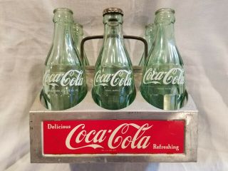 Vintage Coca Cola Aluminum Metal,  6 Pack Bottle Holder,  With 6 Empty Coke Bottles