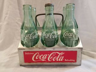 Vintage Coca Cola aluminum metal,  6 pack bottle holder,  with 6 empty Coke bottles 2