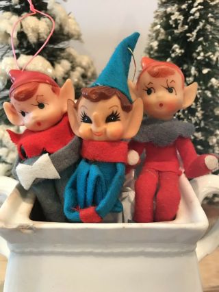 Vintage Set Of 3 Christmas Pixies Elves Knee Huggers Ornaments Japan