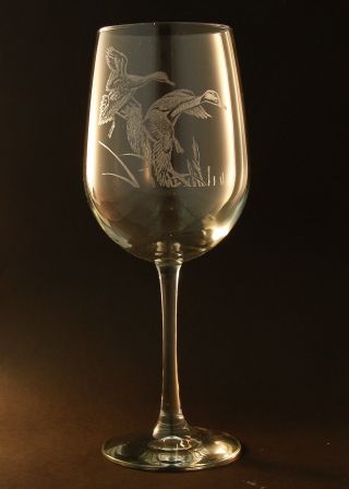 Etched Flying Ducks On Elegant White Wine Glasses - Set Of 2