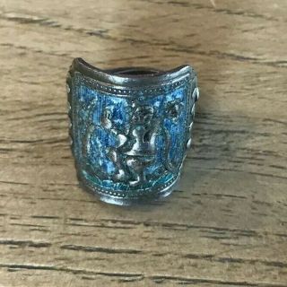 Qing Dynasty Antique Chinese Silver And Enamel Handmade Repousse Adjustable Ring