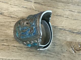Qing Dynasty Antique Chinese Silver and Enamel Handmade Repousse Adjustable Ring 2
