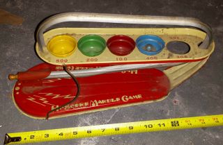 Vintage 1940 Hi - Score Marble Game Tin Target Shoot Metal Lithograph With 4 Cups