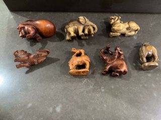 Chinese Wooden Hand Carved Animals Foo Dog Rabbit Horse