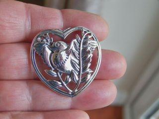 Denmark Danish Sterling Silver Georg Jensen Style Bird In A Heart Brooch Pin