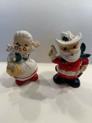 Vintage Christmas Cowboy Santa & Mrs.  Claus Salt And Pepper Shakers Japan
