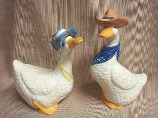 2 Cute Hand Painted Glazed Ceramic White Ducks In Bonnet & Cowboy Hat