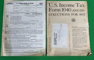 Vtg 1954 Form 1040 Blank U.  S.  Individual Income Tax Return & 1953 Instructions