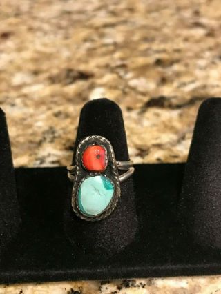 Southwestern Sterling Silver Turquoise And Coral Ring - Size 7 1/2