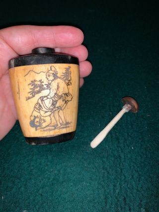 Vintage Bovine Bone Snuff Bottle Carved Erotic Scenes With Spoon