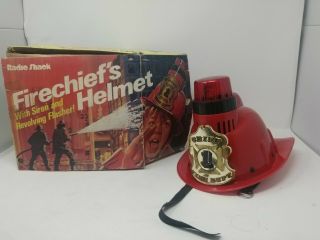 Vintage 1960’s Radio Shack White Fire Chief Toy Radio Helmet With Box.