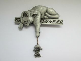 Vintage Jj Jonette Jewellery Pewter Cat With Tail Of Mouse Animal Brooch Pin
