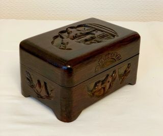 Vintage Chinese Carved Camphor Wood Jewellery Box Wooden Trinket 6 X 4 Ins
