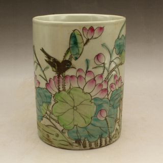 Chinese Old Hand - Made Porcelain Famille Rose Flower And Bird Brush Pot C02