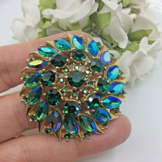 Vintage Jewellery Emerald Green & Ab Rhinestone Gold Tone Dome Brooch Pin