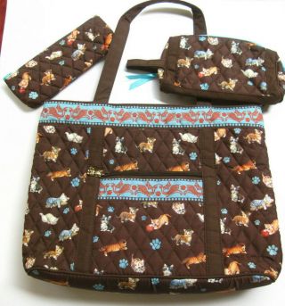 Bradford Exchange Tote Handbag Cat/kitten Pattern Brown/blue W/extras Nwot