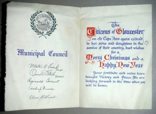 Vintage WWII City of Gloucester MA 1945 Christmas Card to US Military Members 2