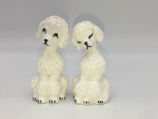 Vintage Mid Century White French Poodle Dogs Salt Pepper Set W/ Stopper 3” Cute