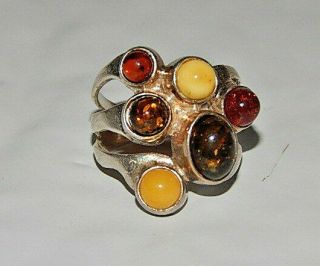 Modernist Sterling Silver Ring With Baltic Amber,  Multicolored,  Sz 6.  5