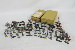 50 Vintage Tin Flats Zinnfiguren Scholtz 30mm Horses Soldiers Lead Toy W/ Box