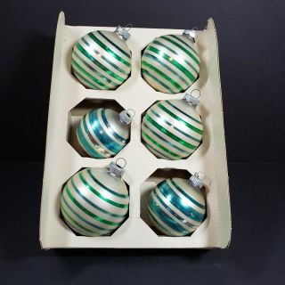 6 Vintage Shiny Brite Glass Christmas Tree Ornaments White W Blue Green Stripes