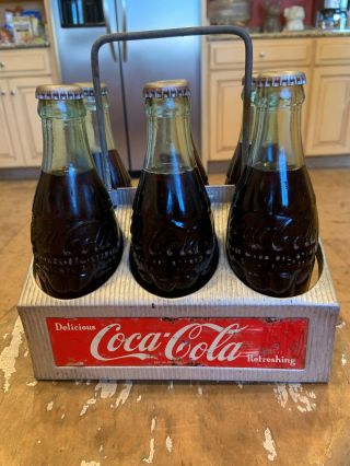 Vintage Aluminum Metal Coca - Cola 6 - Pack Bottle Holder/carrier With Full Bottles