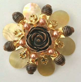 Vtg Joan Rivers Mother Of Pearl Glass Ball & Pearl Flower Gold Tone Brooch Pin