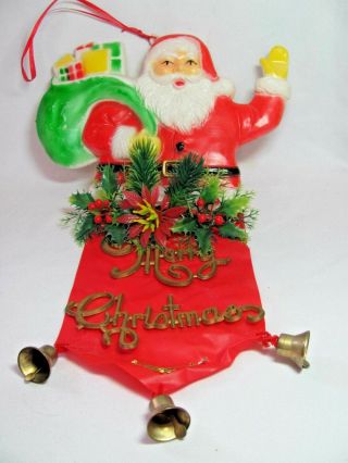 Vintage Rare 16 " Blow Mold Plastic Santa With Merry Christmas Banner & Bells