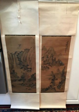 Vtg Japanese Hand Painted On Silk “mountain Scenery” Large Scrolls Signed,  Po Lun
