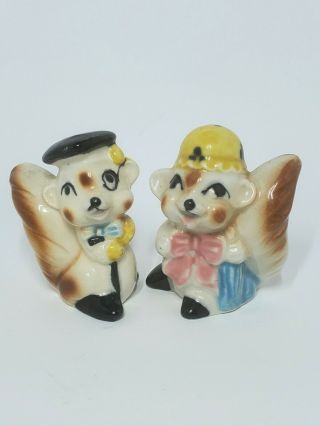 Vintage Squirrel Salt And Pepper Shakers Boy & Girl Couple Big Eyes Cute