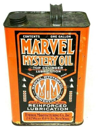 Vintage Early Marvel Mystery Oil Emerol Co.  1 Gallon Orange Metal Can