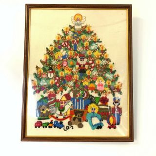 Vintage Christmas Tree Fantasy Framed Crewel Art Sunset Design 2070 70s 16x20