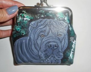 Shar Pei Dog Hand Painted Leather Coin Purse Mini Clutch Vegan Wallet
