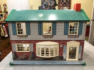 Vintage Metal Dollhouse With Furniture,  Early 