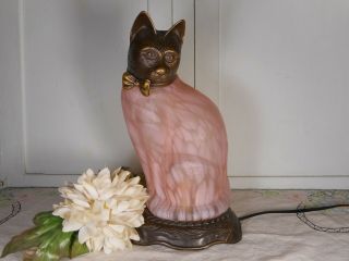 Pink Andrea Sadek Tin Chi Art Glass & Bronze Cat Lamp 1996 Light