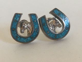 Southwest Native American Sterling Silver Turquoise Horseshoe Post Earrings 2