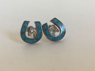 Southwest Native American Sterling Silver Turquoise Horseshoe Post Earrings 3